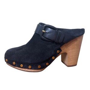 Veronica Beard Dacey Black Suede Leather Mule Clogs Buckle Studs Wood Size 6.5